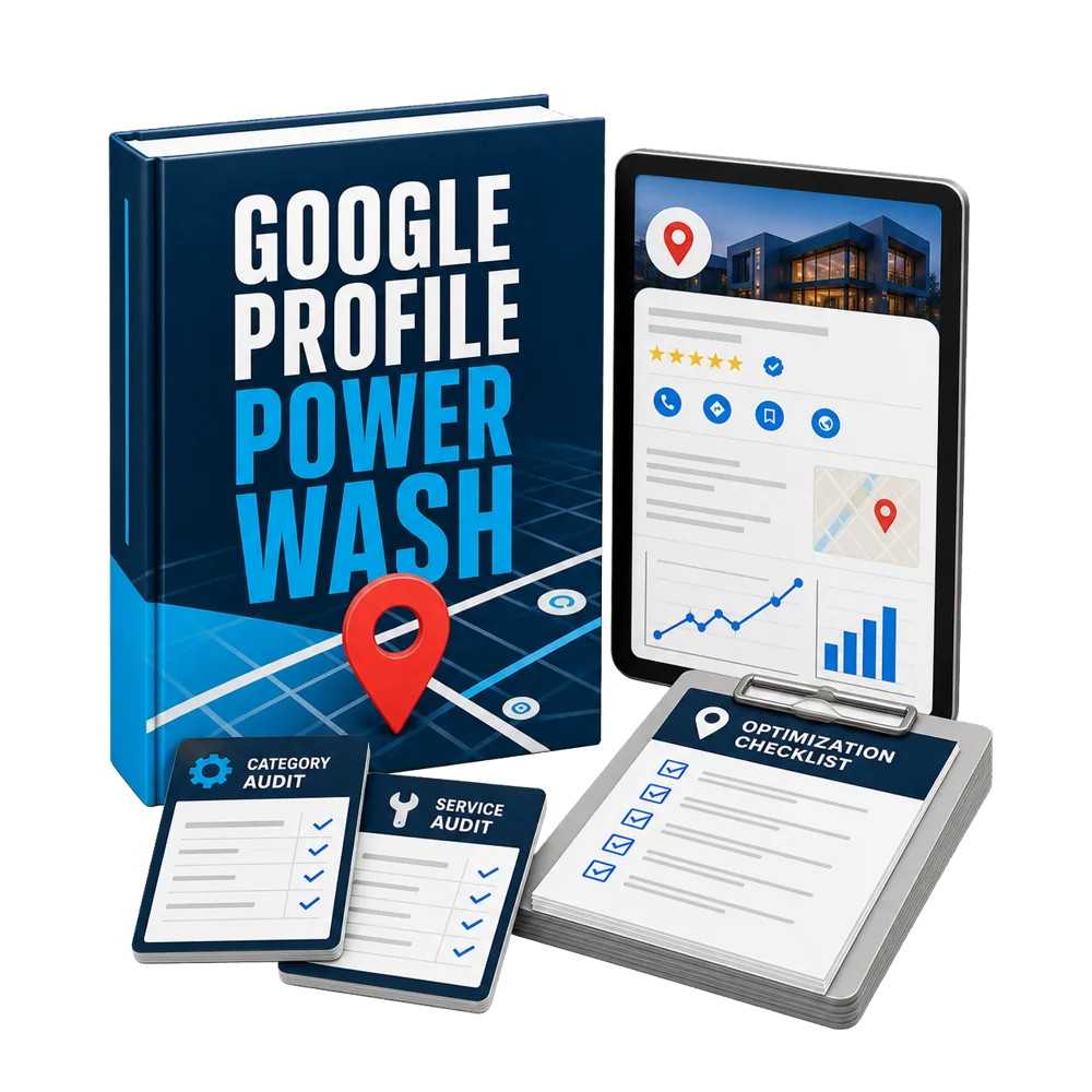The Google Profile Power Wash product bundle with audit manual, tablet, checklist, and audit cards