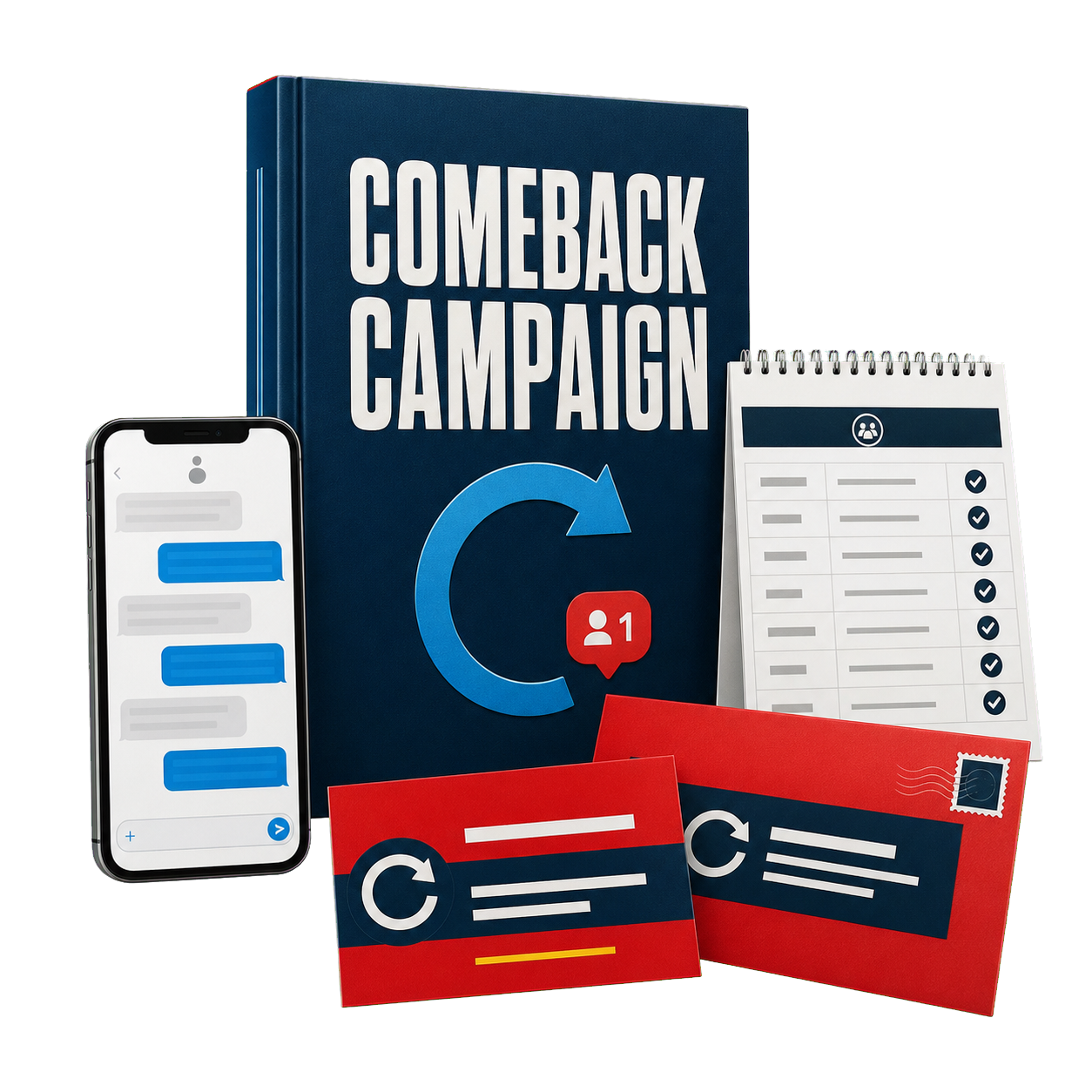 The Comeback Campaign product bundle with campaign book, phone, customer list, and mailer cards