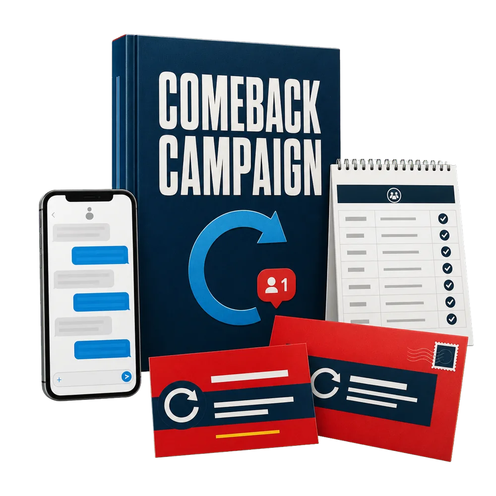 The Comeback Campaign product bundle with campaign book, phone, customer list, and mailer cards