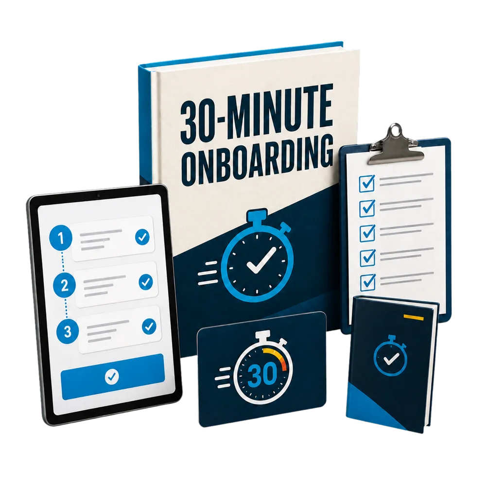 The 30-Minute Strategy and Onboarding product bundle with workbook, tablet, checklist, and stopwatch card