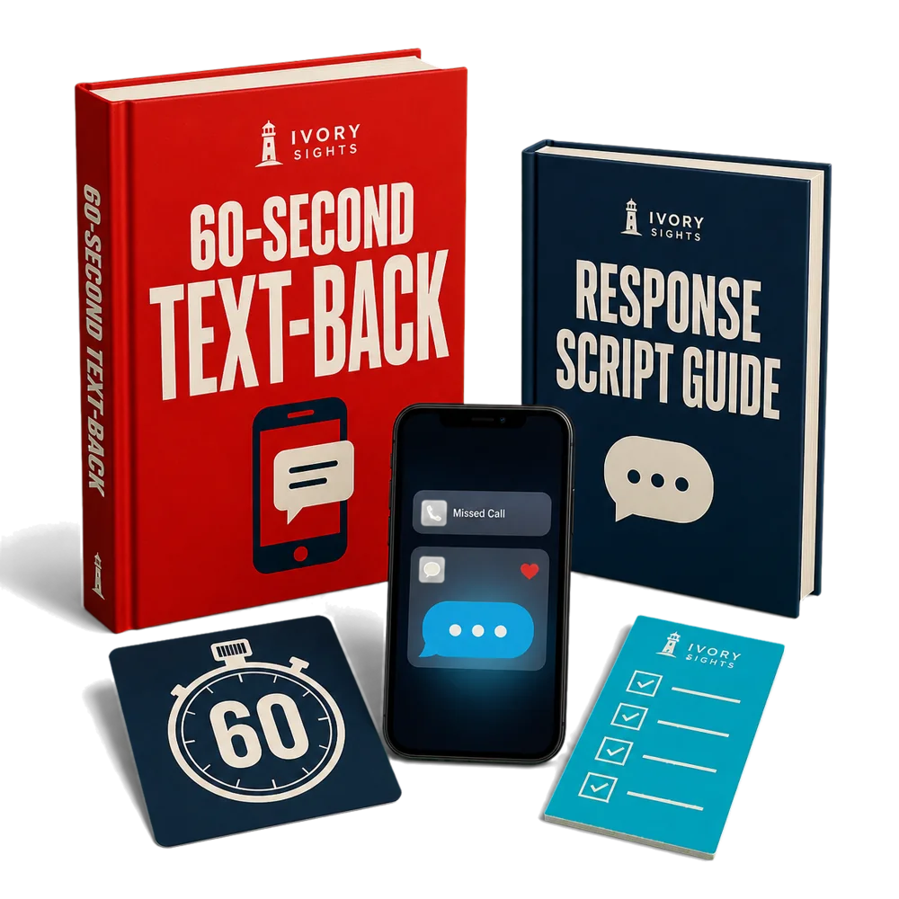 The 60-Second Text-Back product bundle with manual, phone, response guide, stopwatch, and checklist