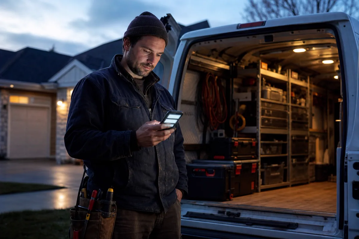 Contractor checking new inquiries from his work van