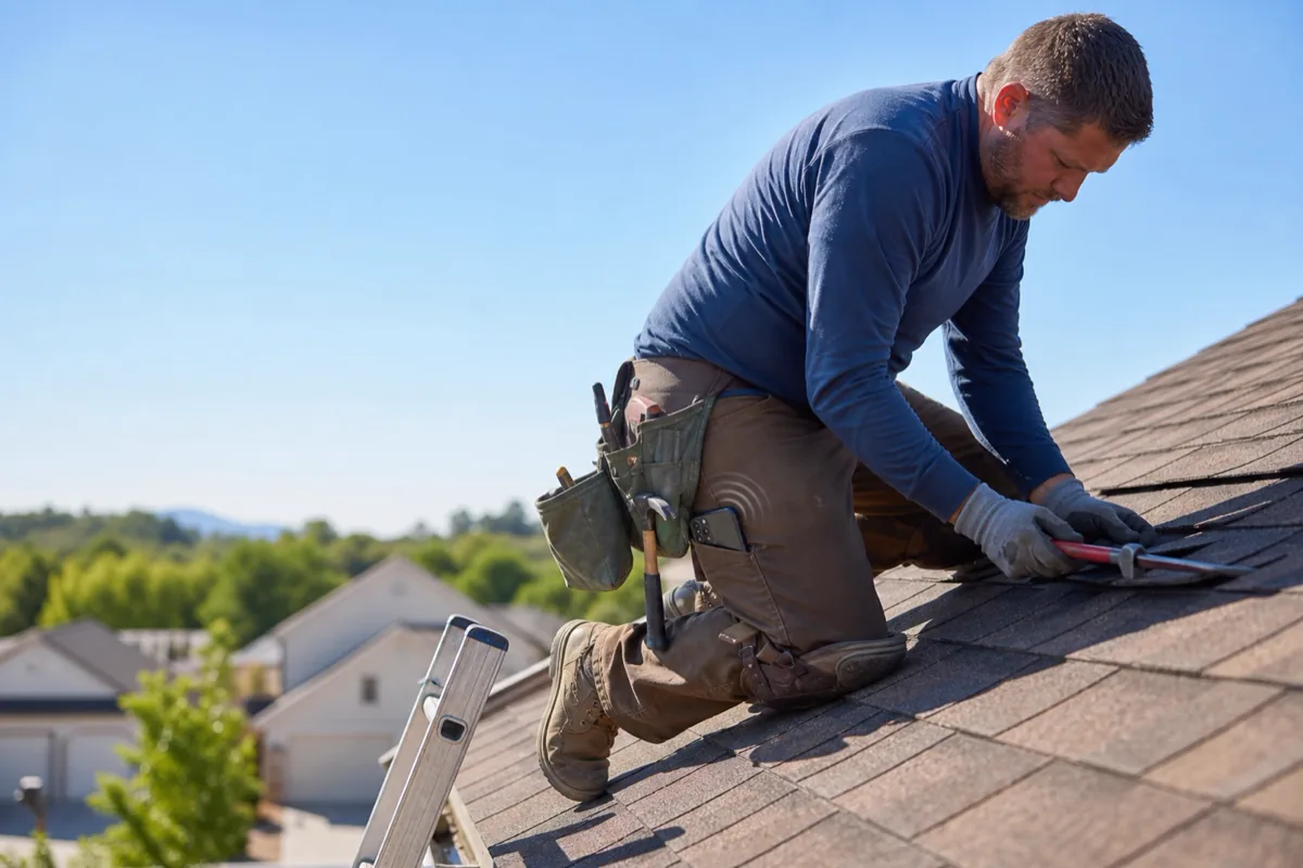 Roofing contractor working while a customer call comes in