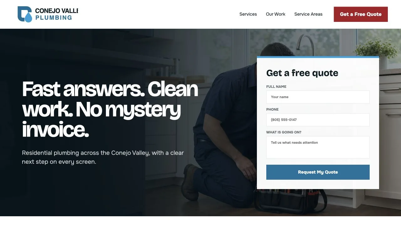 Conejo Valley Plumbing sample website on a desktop